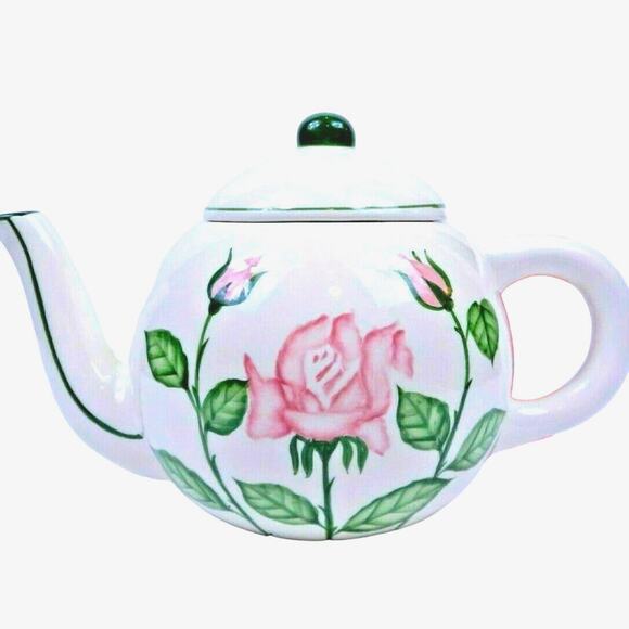 Vintage Porcelain Teapot Hand Painted Victorian Rose Made In Philippines 6" - Picture 5 of 7